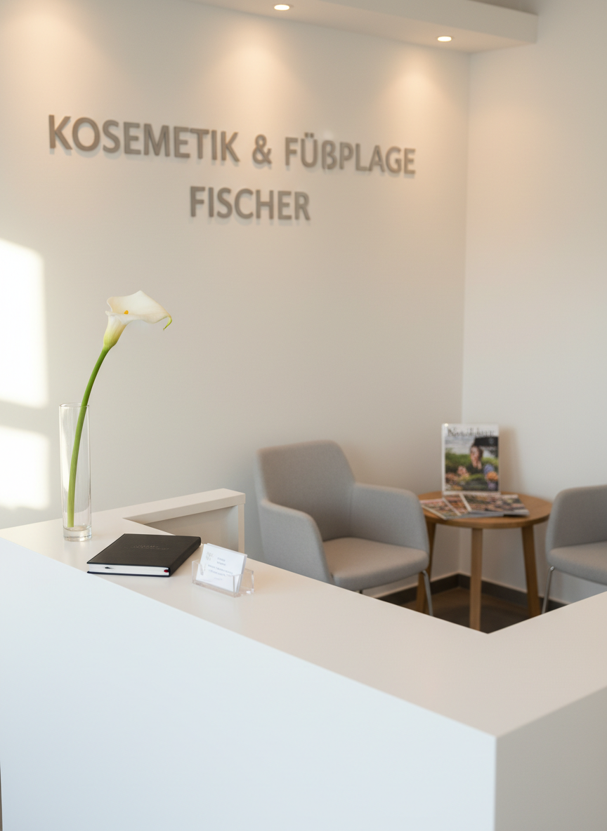 A serene corner of a cosmetic and medical footcare studio reception, featuring a minimalist white reception counter with a subtle matte finish, the logo “Kosmetik & Fußpflege Fischer” elegantly displayed in brushed metal letters on the wall behind. On the counter rests a slim glass vase with a single white lily, a discreet appointment book, and a small card holder. The background includes a softly blurred waiting area with two light-grey upholstered chairs and a round wooden side table holding neatly stacked magazines. Natural daylight streams in from an unseen window, supplemented by warm, recessed ceiling lights, creating a bright yet cozy ambiance. Photographic realism with a slightly wide, eye-level composition emphasizes professionalism, order, and a welcoming atmosphere for clients seeking derma-cosmetic and medical foot treatments.