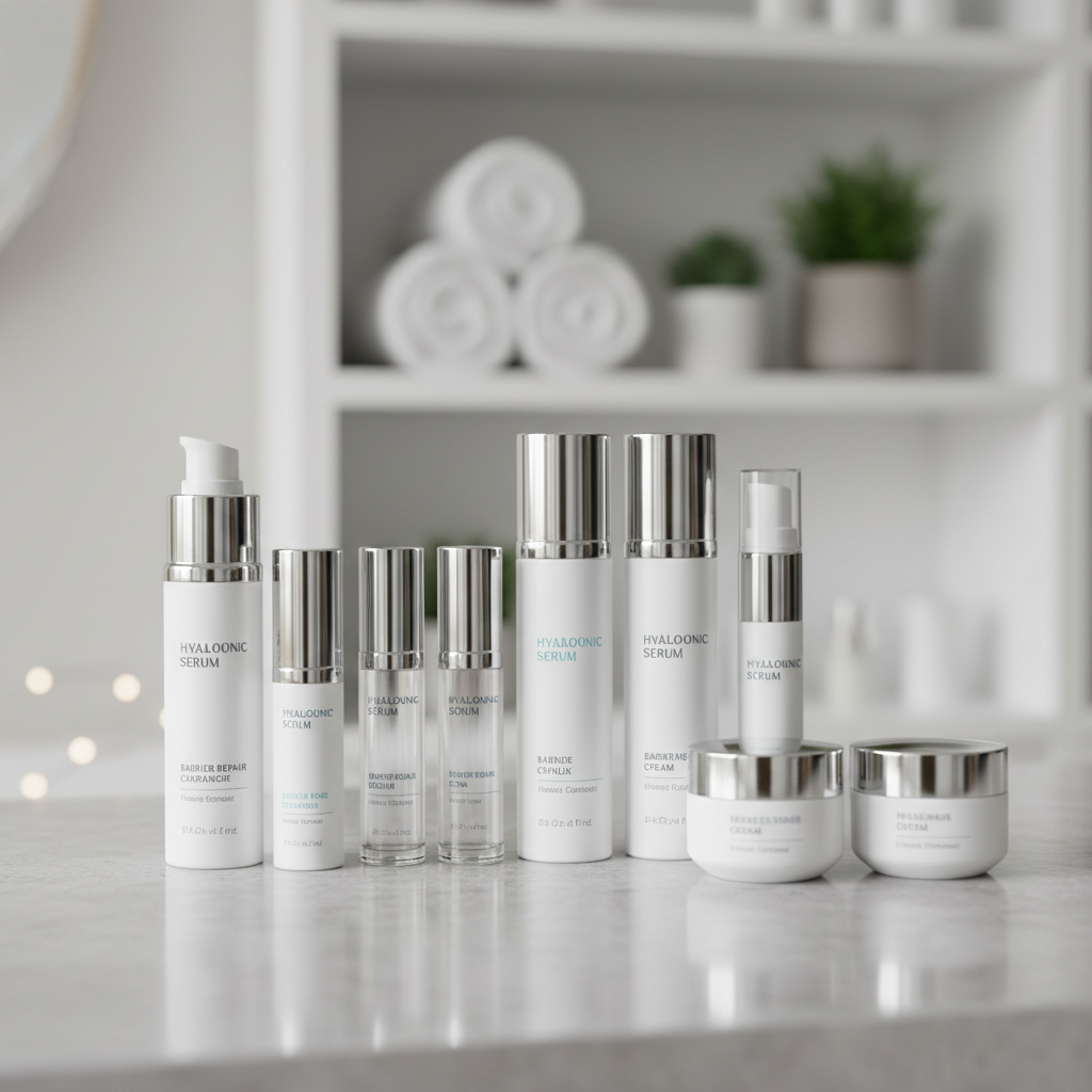 A close-up photographic image of an elegant arrangement of professional derma-cosmetic skincare products for face treatments, displayed on a smooth, light grey stone counter. Airless pump bottles, glass serum vials with metallic caps, and small white jars with silver lids are grouped harmoniously, their labels featuring subtle medical-style typography in soft blue and grey. Behind them, a clean, blurred background suggests a modern treatment room with white shelves and neatly folded towels. Soft studio lighting from the left creates delicate reflections on glass and metal surfaces, while a subtle bokeh effect keeps the focus on the products. The mood is scientifically precise yet luxurious, portraying advanced, medical-grade skincare in a clean, modern, photographic realism style, perfect for a professional cosmetic and footcare practice.