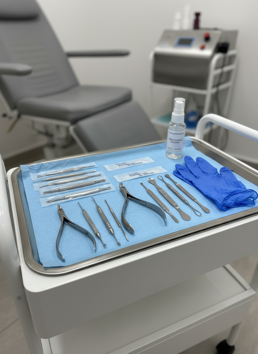A highly detailed photographic close-up of medical footcare instruments and hygiene setup before treatment. On a stainless steel tray covered with a disposable blue protective sheet lie individually wrapped sterile scalpels, nail nippers, and fine files, alongside a small bottle of disinfectant spray and a pair of powder-free nitrile gloves neatly laid out. The tray rests on a white mobile trolley with smooth, rounded edges, positioned in front of a blurred background of a treatment chair and sterilization unit. Bright, neutral LED lighting from above creates crisp, clinical clarity and subtle reflections on the metal tools, while maintaining a calm, professional mood. The composition uses a shallow depth of field to keep the instruments in sharp focus, reinforcing the impression of medical precision and strict hygiene standards in a modern footcare practice.