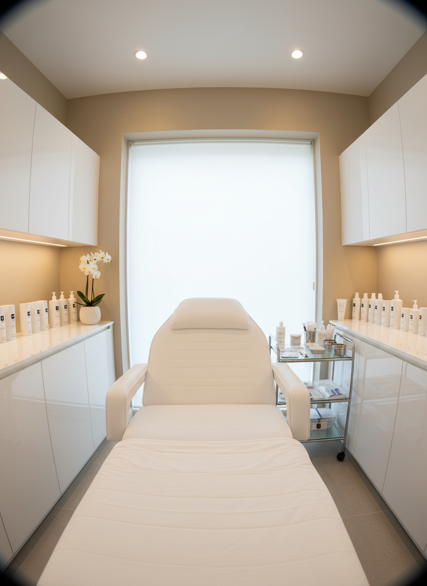 A meticulously arranged treatment room for derma-cosmetic facials, featuring a pristine, adjustable white treatment couch with crisp, perfectly stretched linens and a soft quilted cover. Around it, glossy white cabinetry, neatly organized skincare bottles with minimalist labels, and a small glass trolley with stainless steel tools and sterile packaging create a clinical yet welcoming setting. Soft, diffused daylight enters through a frosted window, complemented by discreet warm LED ceiling lights that cast gentle, shadow-free illumination. The atmosphere feels hygienic, calm, and professional, with cool beige walls and a single orchid in a ceramic pot providing a touch of elegance. Photographic realism at eye level, with a slight wide-angle lens capturing the full room in sharp focus, emphasizing cleanliness and professional derma-cosmetic care.