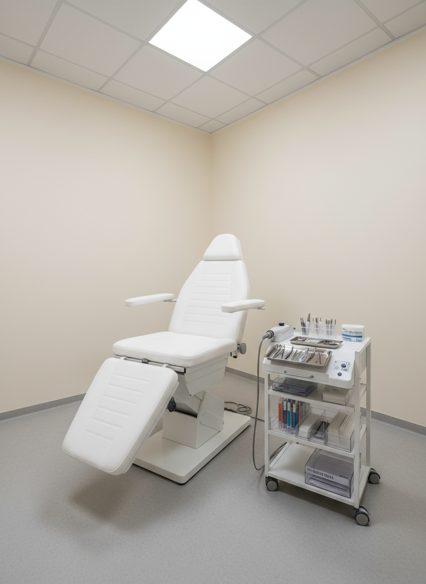 A detailed photographic depiction of a medical footcare work station, focusing on a pristine white podiatry treatment chair with adjustable leg supports, upholstered in easy-to-clean, matte white material. Next to it stands a compact, modern pedicure unit with a sleek drill device, individually wrapped sterilized instruments on a stainless steel tray, and neatly arranged disposable files and pads. The floor is covered with light, seamless vinyl, and the walls are painted in a soft warm white, conveying strict hygiene. Cool, shadowless LED ceiling lights illuminate the scene evenly, highlighting every surface without harsh contrasts. Shot from a slightly elevated angle, the composition captures the entire station in sharp focus, exuding a professional, medical yet welcoming atmosphere suitable for specialized footcare in Rheinfelden.